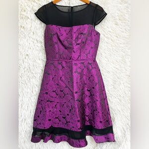 Adrianna Papell Dress Women Size 4 Purple Floral Embroidered Cocktail Party Midi